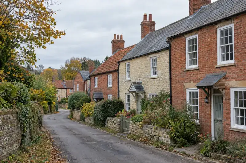 Areas covered around Grantham: illustration of a village street of brick and stone cottages
