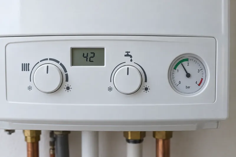 Boiler service cost in Grantham: illustration of a combi boiler control panel and pressure gauge