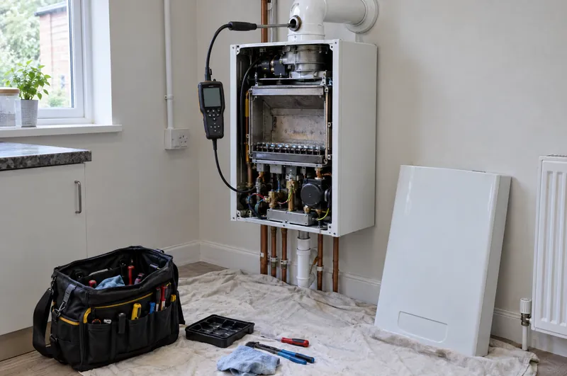 Boiler service in Grantham: illustration of a combi boiler with its cover off during a service