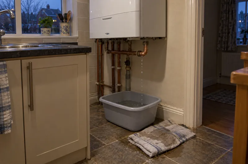 Emergency boiler repair in Grantham: illustration of water dripping from a boiler pipe into a bowl