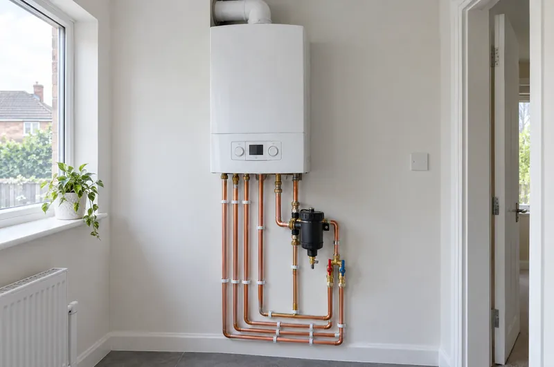 New boiler installation in Grantham: illustration of a newly fitted combi boiler with new copper pipework