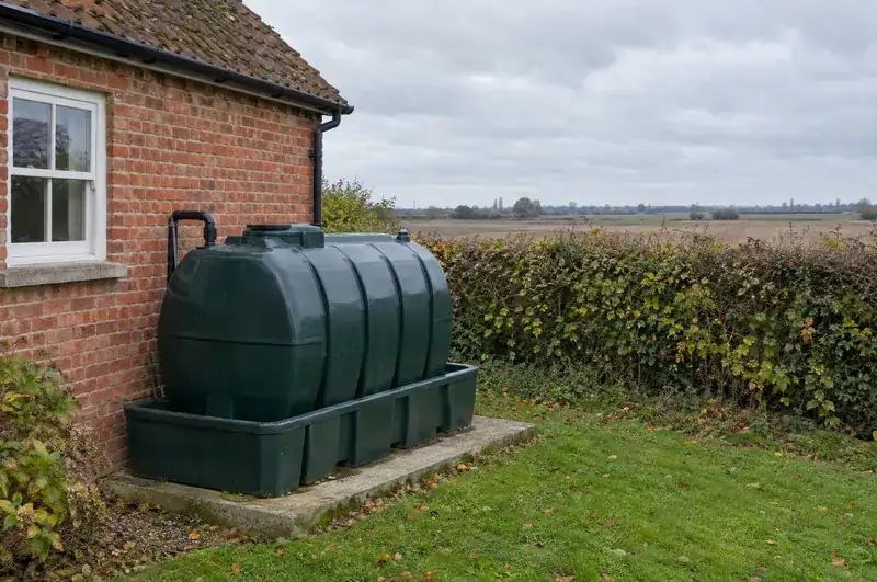 Oil boiler service in Grantham: illustration of a heating oil tank beside a brick cottage
